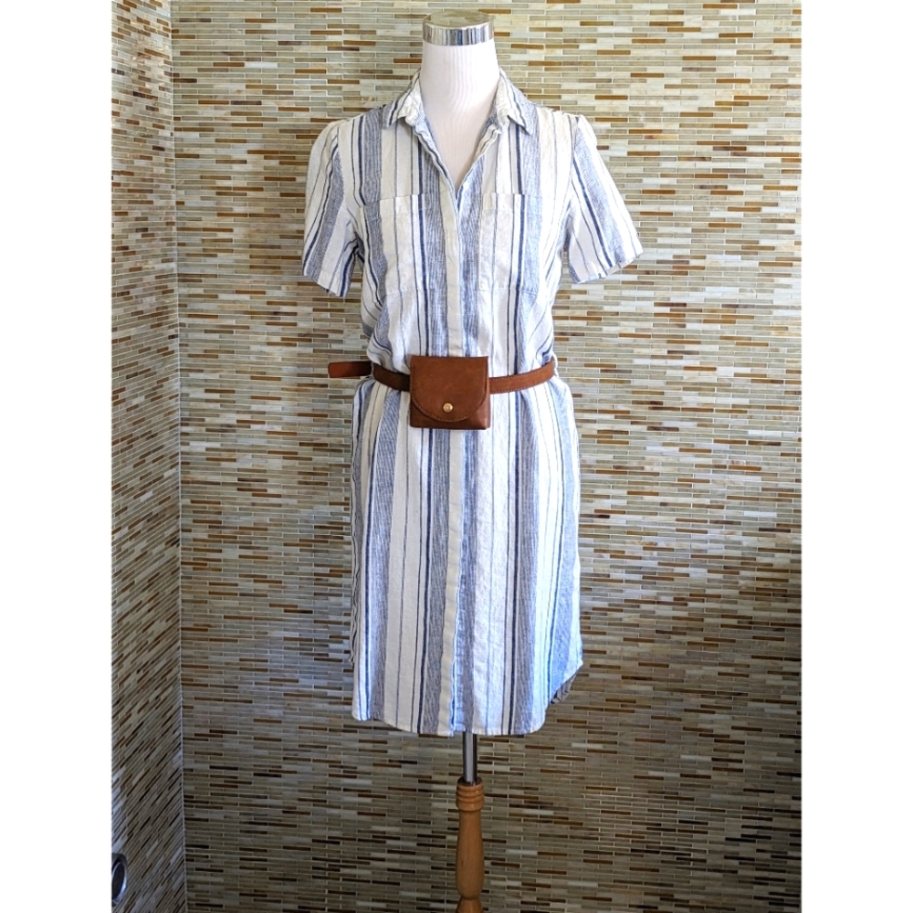 Monoprix Femme Striped Linen Blend Shirt Dress